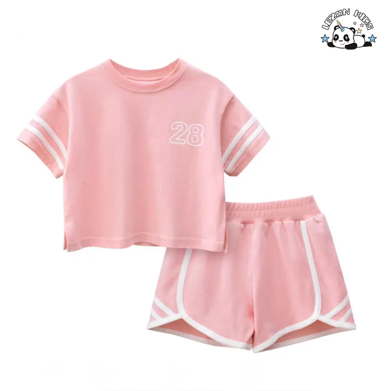 LEZONKIDS - Customizable Wholesale High Quality Number Printing Sport Summer Little Clothing Sets 2pcs Girl Outfit Set